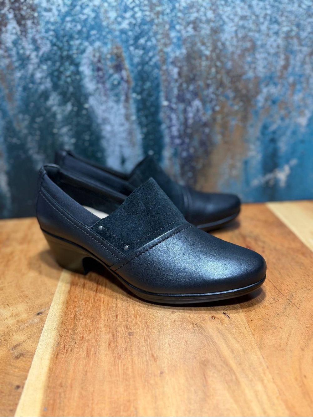 Clarks Classic Black Emily Step Leather Suede Heeled Loafers Women’s US 8